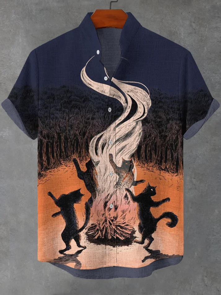 Men's Mystic Forest Black Cat Bonfire Print Shirt