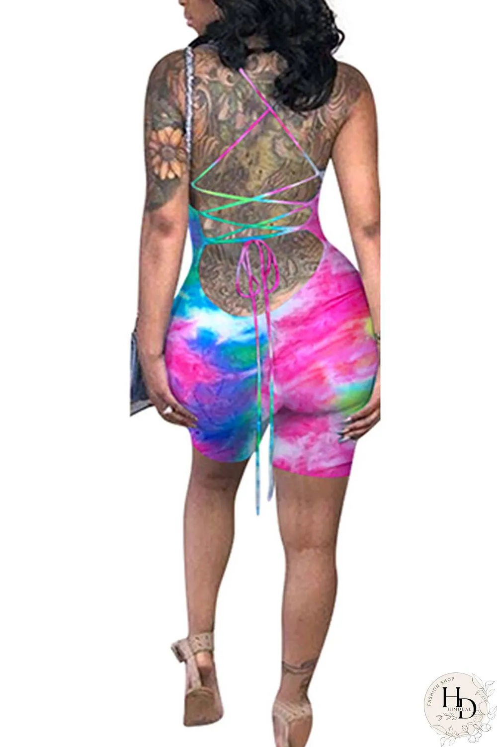 Green Fashion Sexy Coloured drawing Backless Polyester Sleeveless Slip Jumpsuits