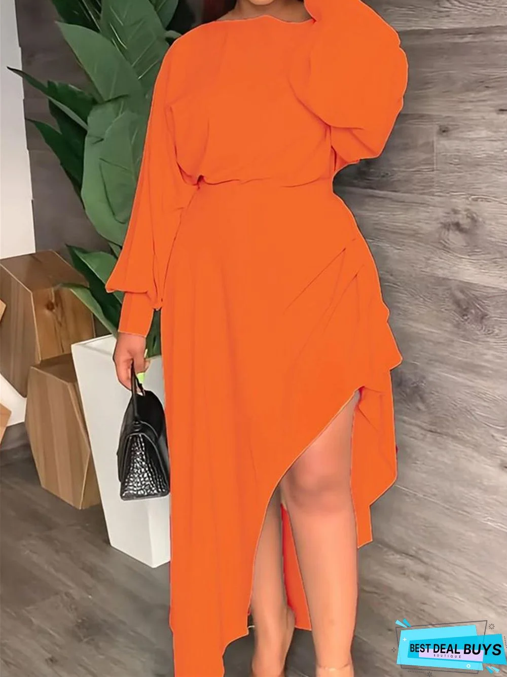 Solid Color Long sleeved Irregular Dress with Slanted Shoulders