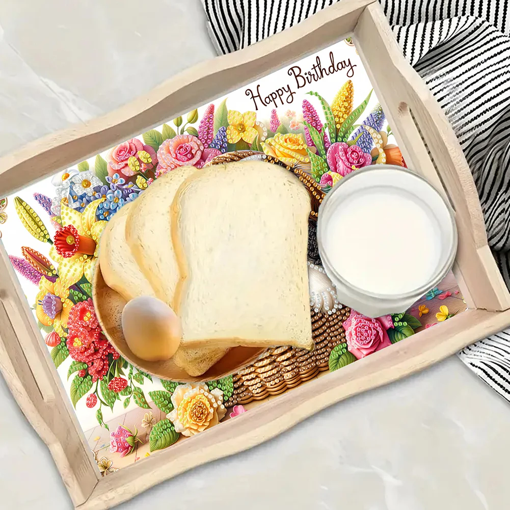 5D DIY Flower Dog Diamond Painting Wooden Serving Tray with Handle for Desk