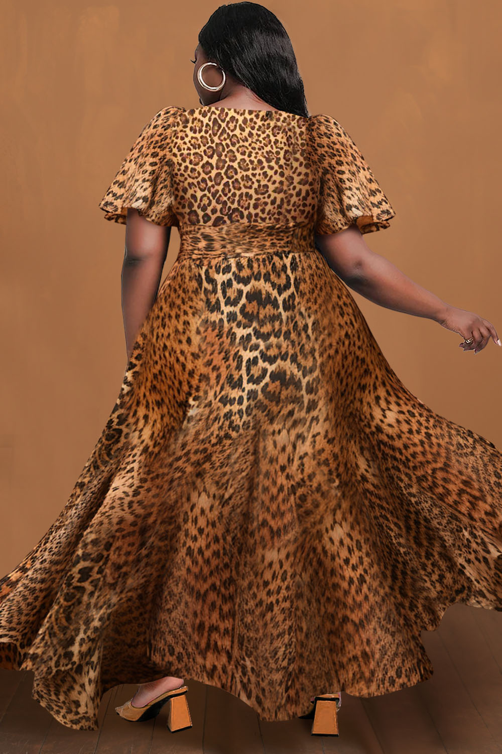 Design Plus Size Semi Formal Midi Dresses Brown Leopard Wrap Neck Puff Sleeve Short Sleeve Pleated Midi Dresses [Pre-Order]