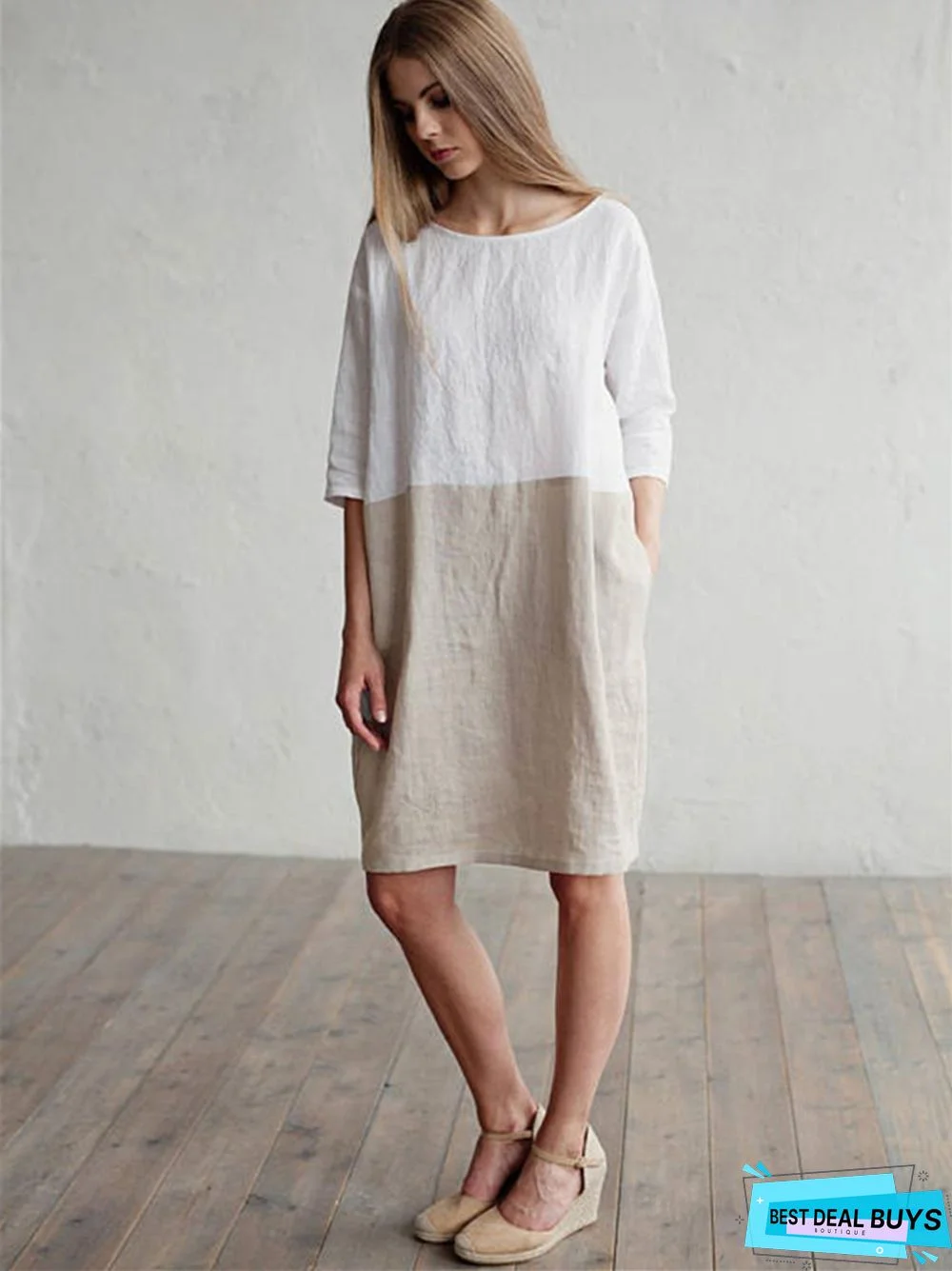 Loose Solid Color Cotton Linen Patchwork Dress Round Neck Seven Sleeve Skirt Waist