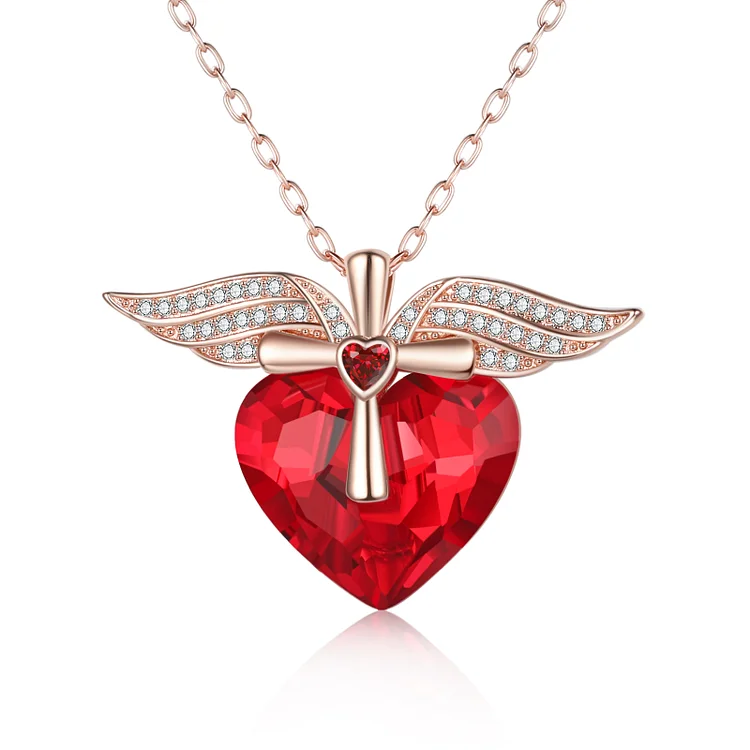 Heart Red Crystal Necklace Angel Wings Cross Ruby Necklace for Her