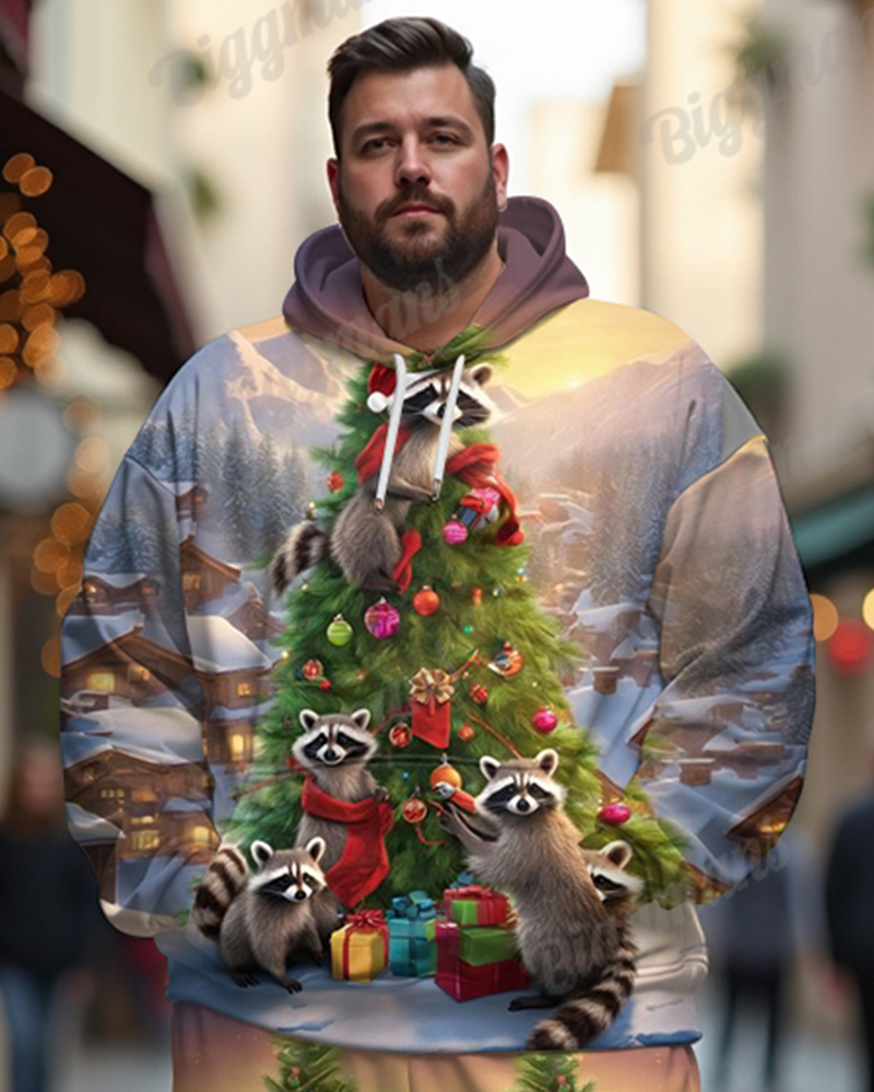 Men's Christmas Raccoon Christmas Tree Print Plus Size Hoodie Suit