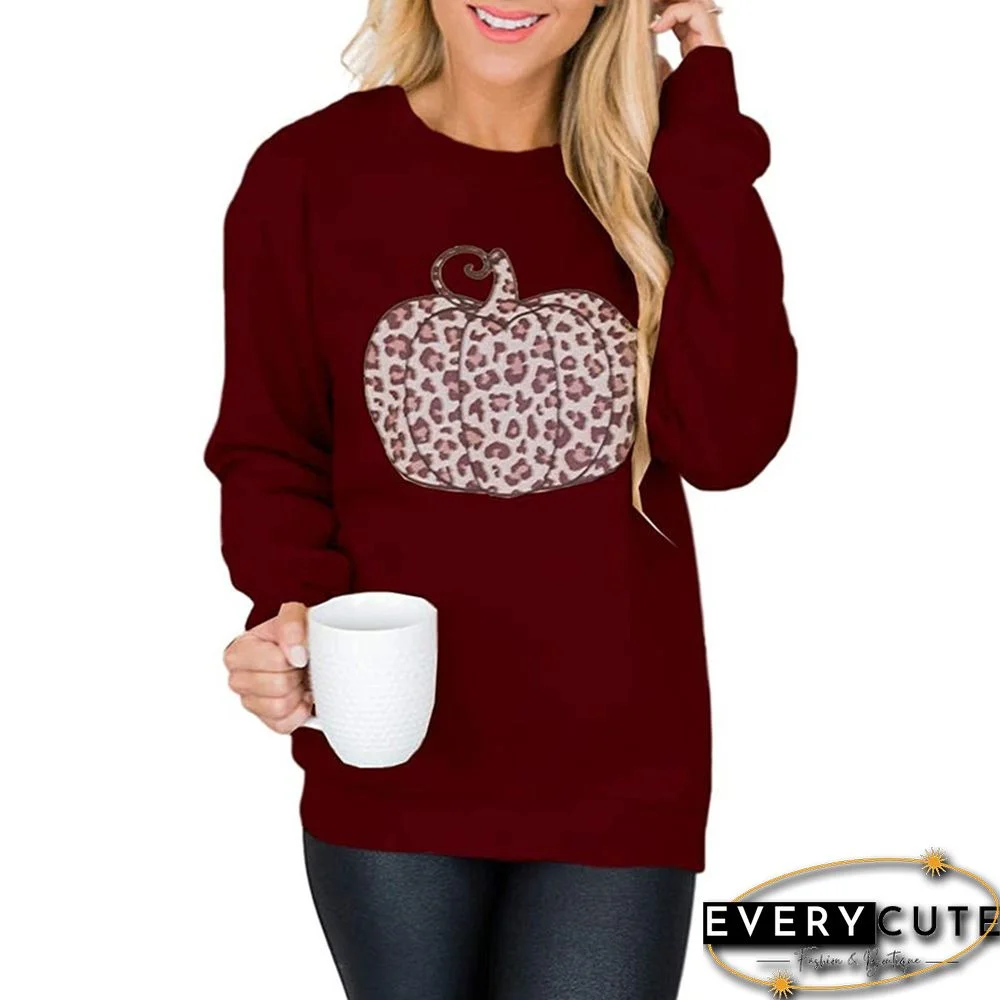 Wine Red Pumpkin Print Pullover Sweatshirt