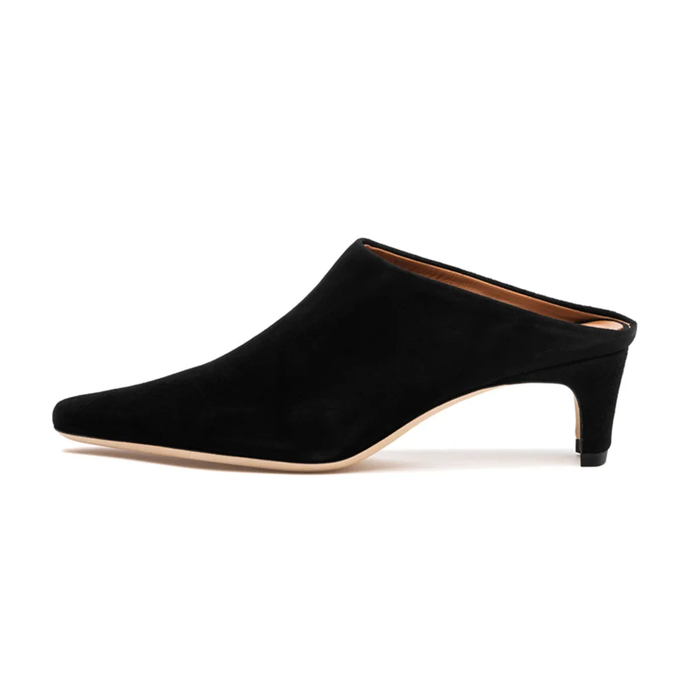 Black Vegan Suede Square Toe Mules for Women with Chunky Heel