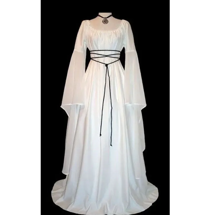Brownm Sleeve Satin Round Neck Irregular Belt Women's Dress Halloween Costume