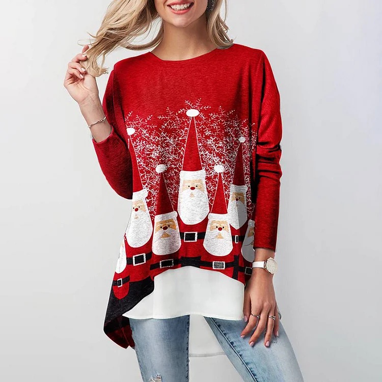 Wearshes Santa Print Crew Neck Fake Two Piece T-Shirt