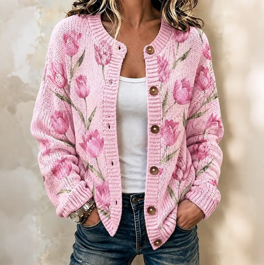 Comstylish Women's Vintage Pink Floral Print Cozy Knit Cardigan