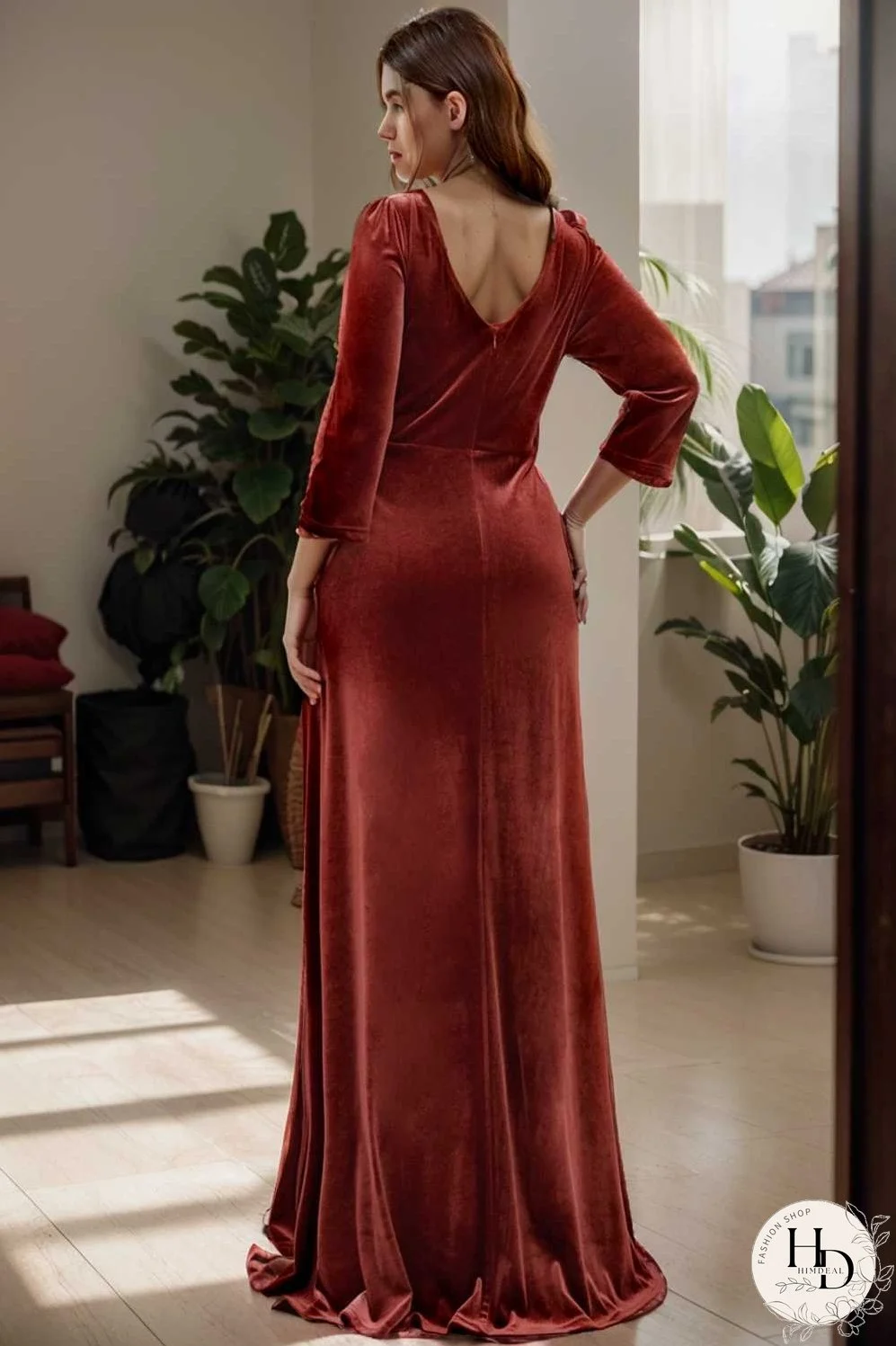 velvet 3 4 length sleeve illusion v neck front slit evening dress