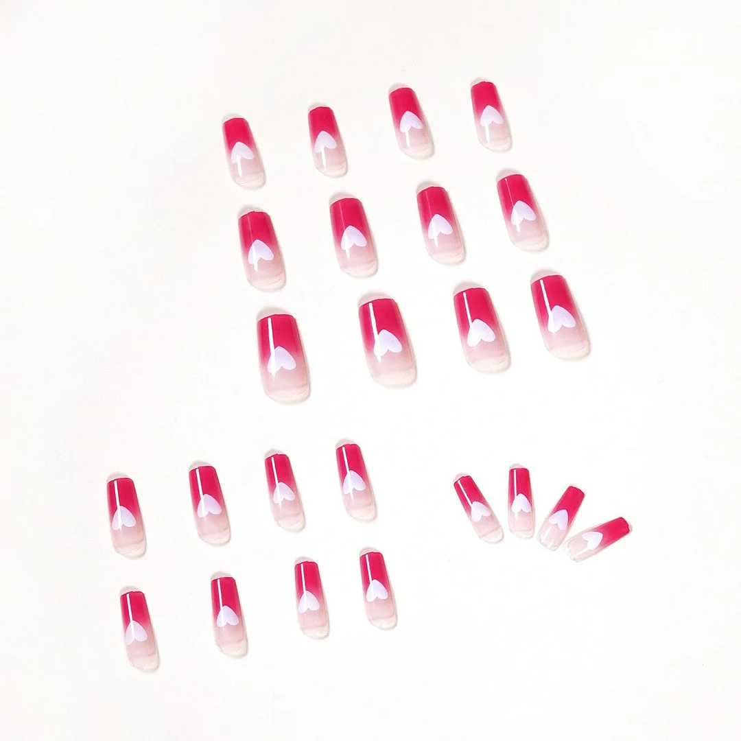 24Pcs/Set Gradient White Heart Design False Nail French Full Cover Fake Nails Glue DIY Manicure Nail Art Tools-Nail Inspo