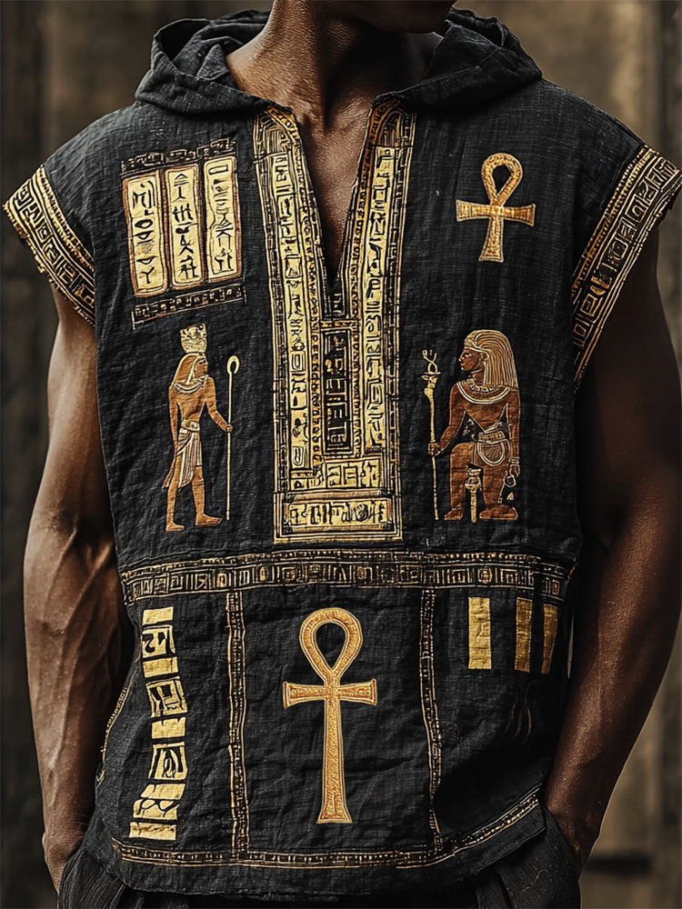 Men's Ankh Ancient Egyptian Golden Embroidered Hooded Linen Tank