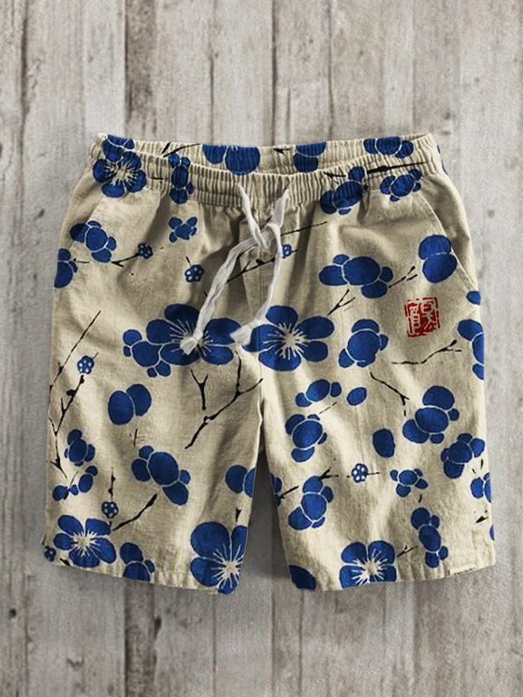 Cherry Blossom Japanese Lino Art Linen Blend Shorts