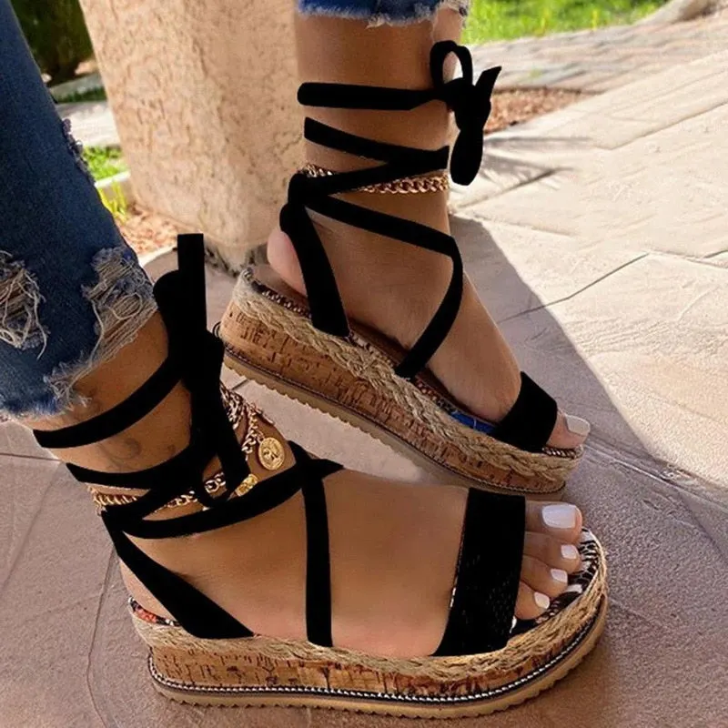 2021summer Women Sandals Ladies Platform Snake Pattern Sandals Open Toe Lace Ankle Cross Strap Slides Beach Outdoor Party Shoes