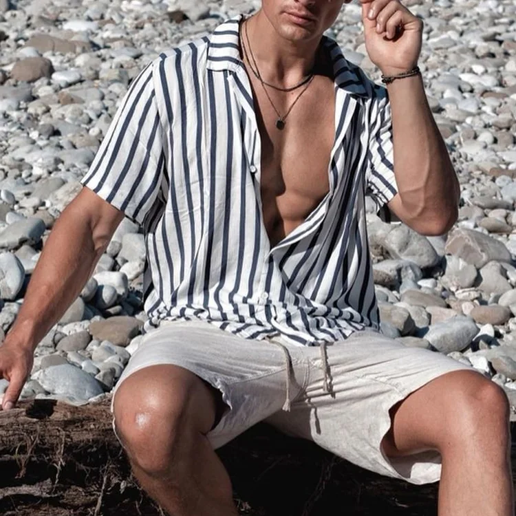 Men's Stripe Printed Beach Vacation Shirt