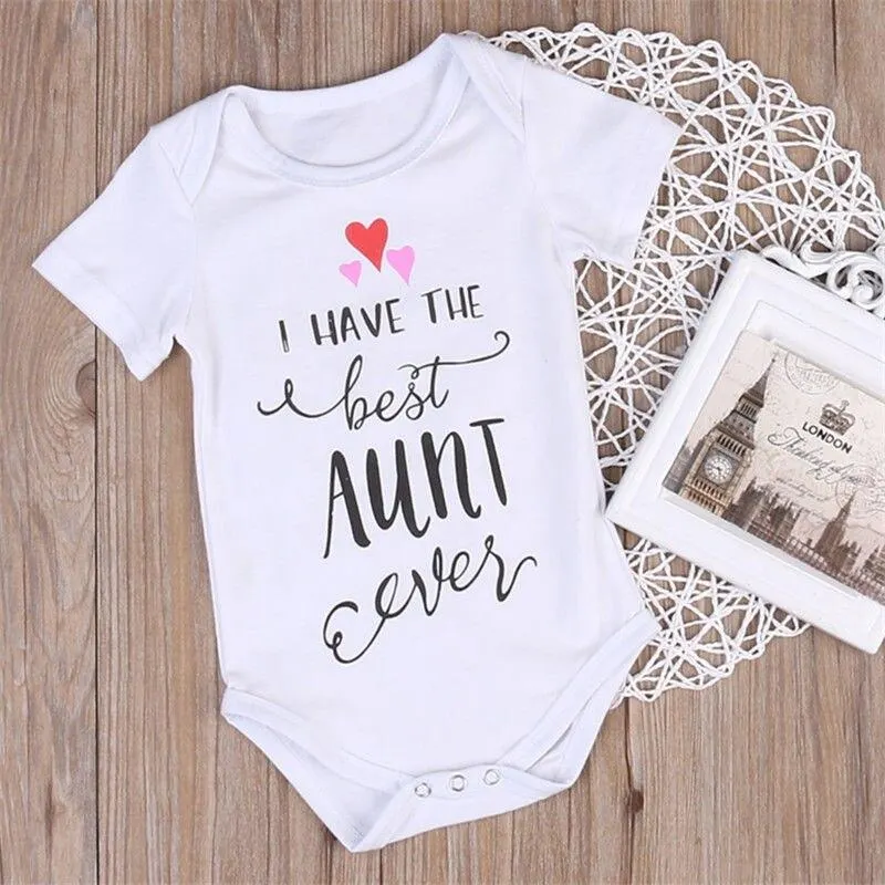 2019 Brand New Newborn Infant Baby Girls Boys Letter Bodysuits Best Aunt Print Short Sleeve White Jumpsuits Summer Clothes 0-18M