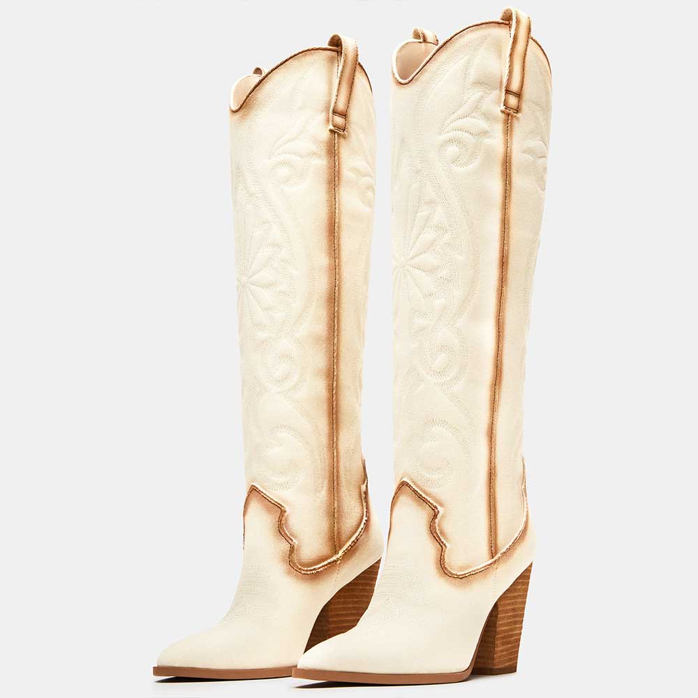 White & Brown Pointy Toe Embroidered Heeled Knee High Cowgirl Boots