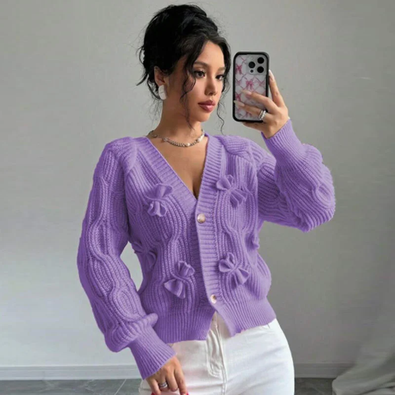 Athvotar Athvotar And Winter New Sweater Women's Tops Solid Color Long-Sleeved Bow Knitted Shirt Jacket