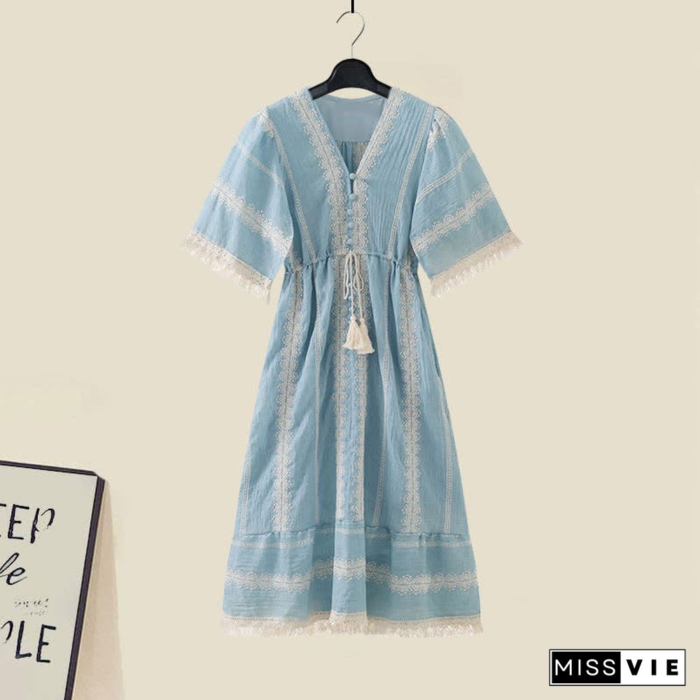 Boho Vintage Print Colorblock Shawl Wrap V-neck Lace Up Dress