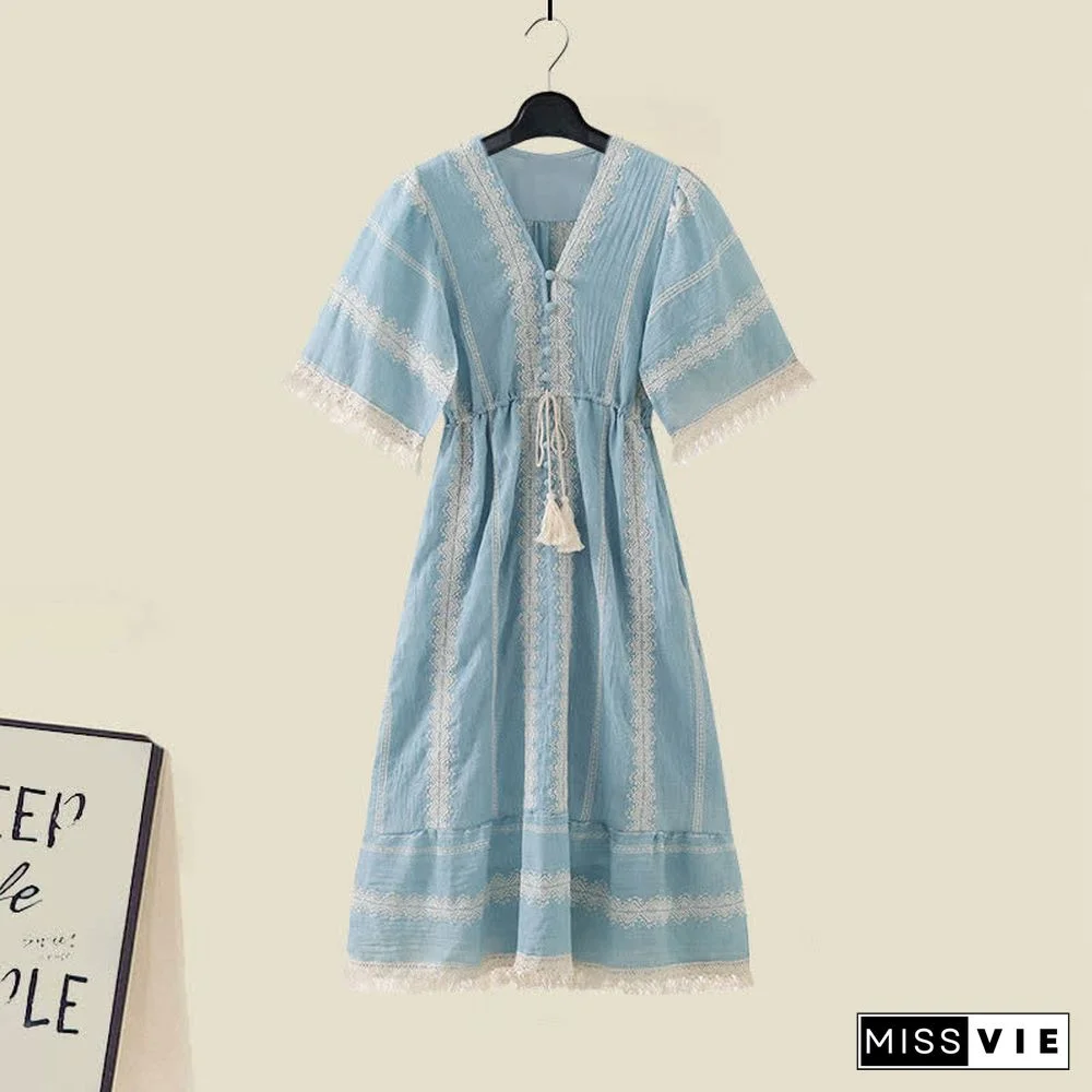 Boho Vintage Print Colorblock Shawl Wrap V-neck Lace Up Dress