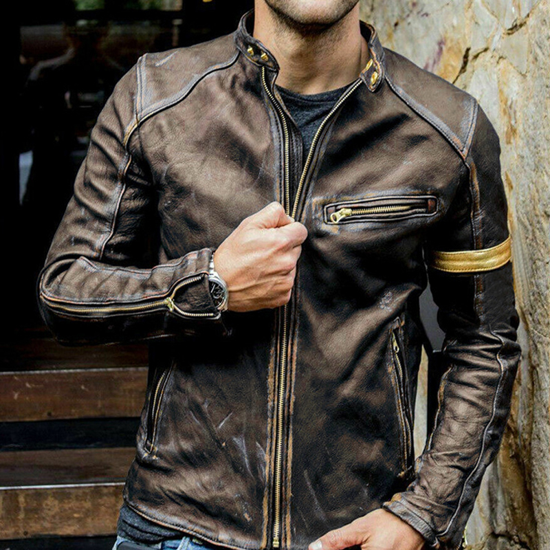 Retro Distressed Stand Collar Zippered Motorcycle Leather Jacket