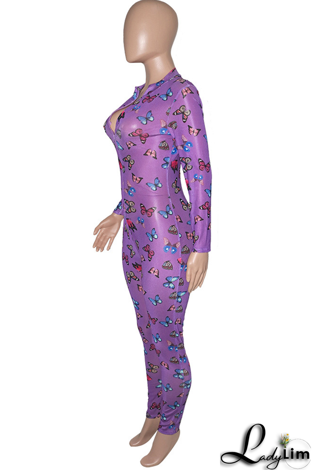 Rose Red Sexy Butterfly Print Patchwork Zipper Collar Skinny Jumpsuits