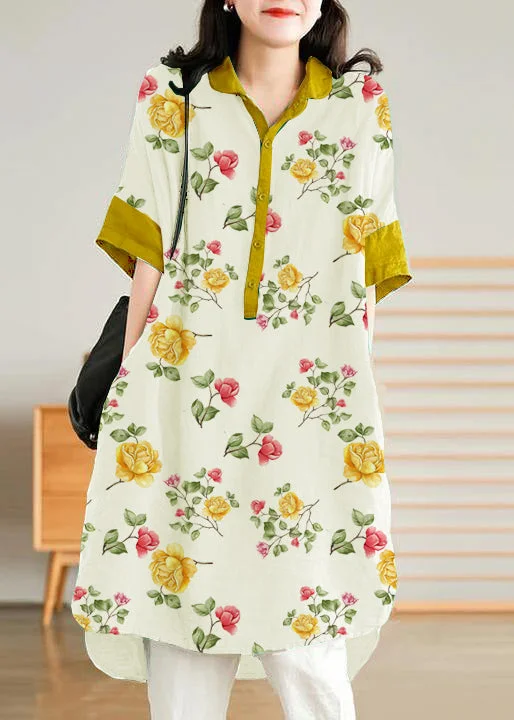 Jade Yellow flower Linen Women Casual Linen Shirt Dress