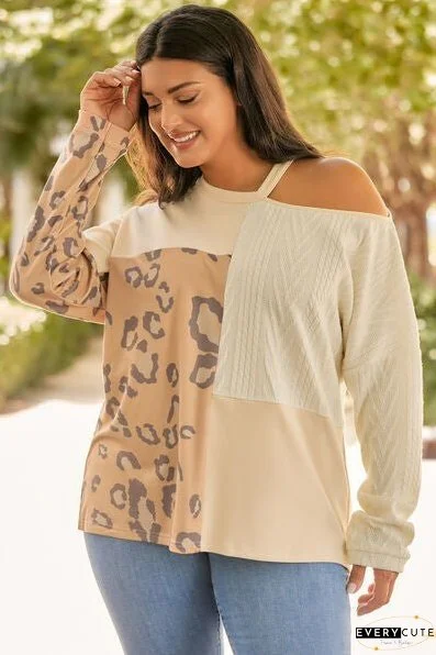 Plus Size Leopard Color Block Long Sleeve T-Shirt