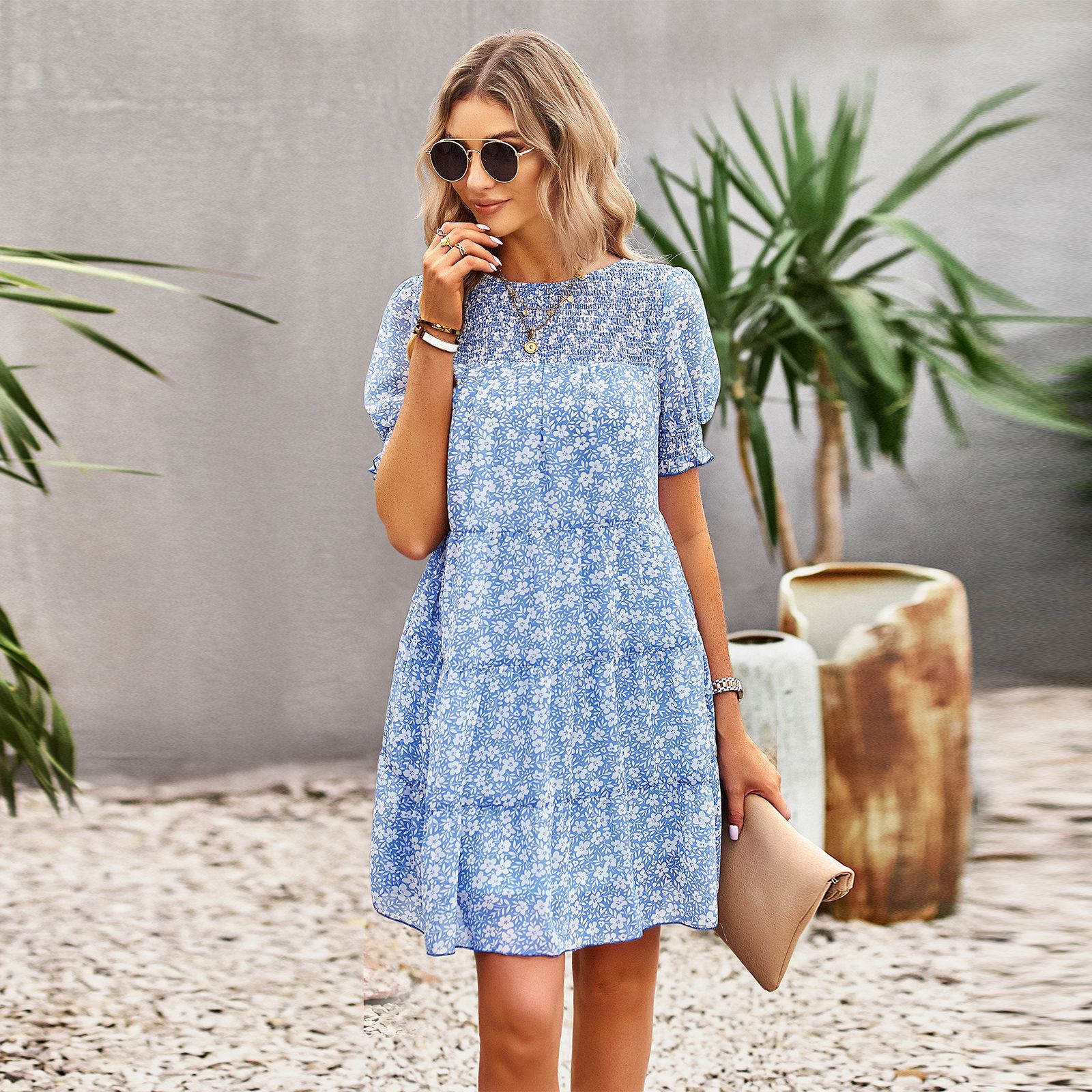 O-neck Beach Floral Puff Sleeves Bohemian Fashion A-line Casual Dress