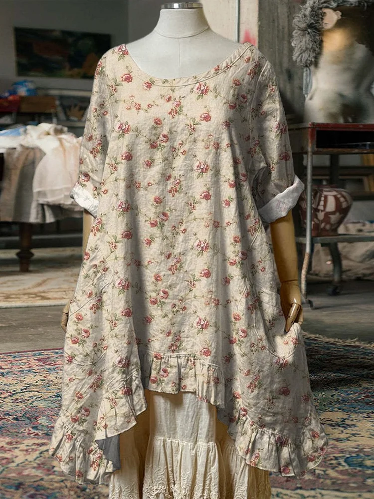 Petite Vintage Rose Pattern Printed Women's Pocket Cotton Dress
