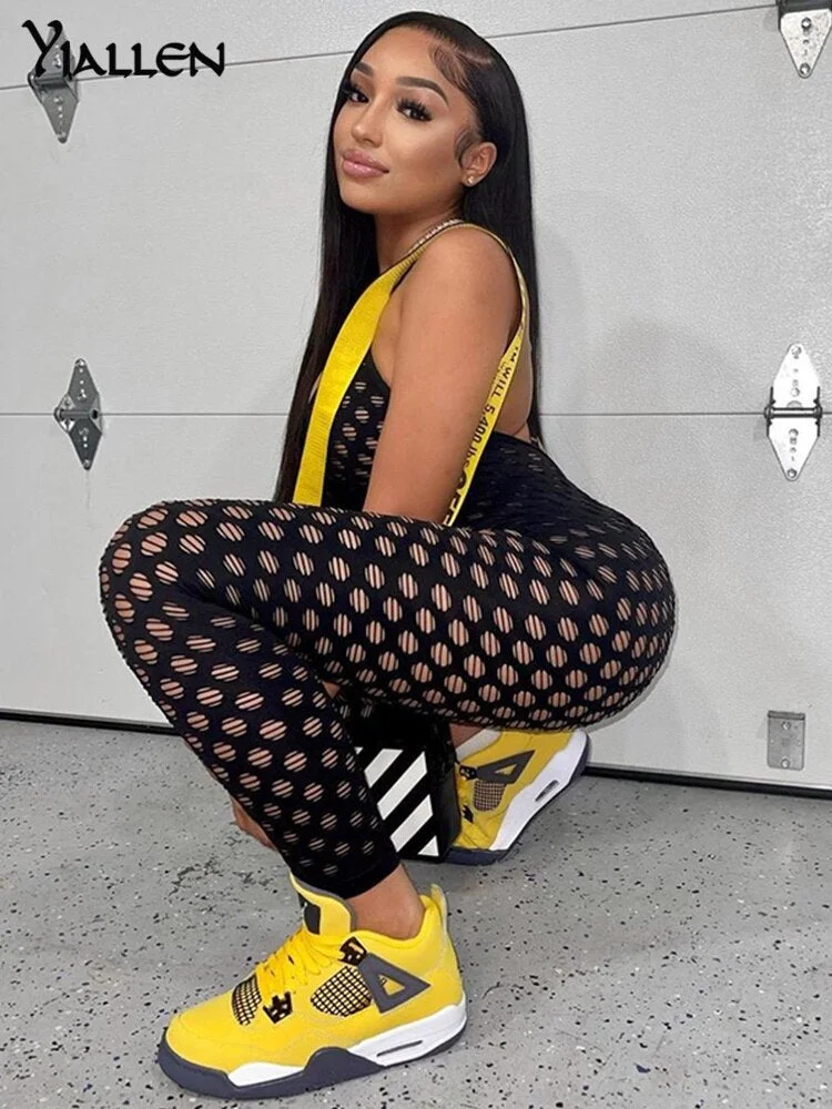 Yiallen New Mesh See Through Solid Sling Jumpsuits Women Hipster Backless Midnight Club Unique Stitching Female Streetwear Hot