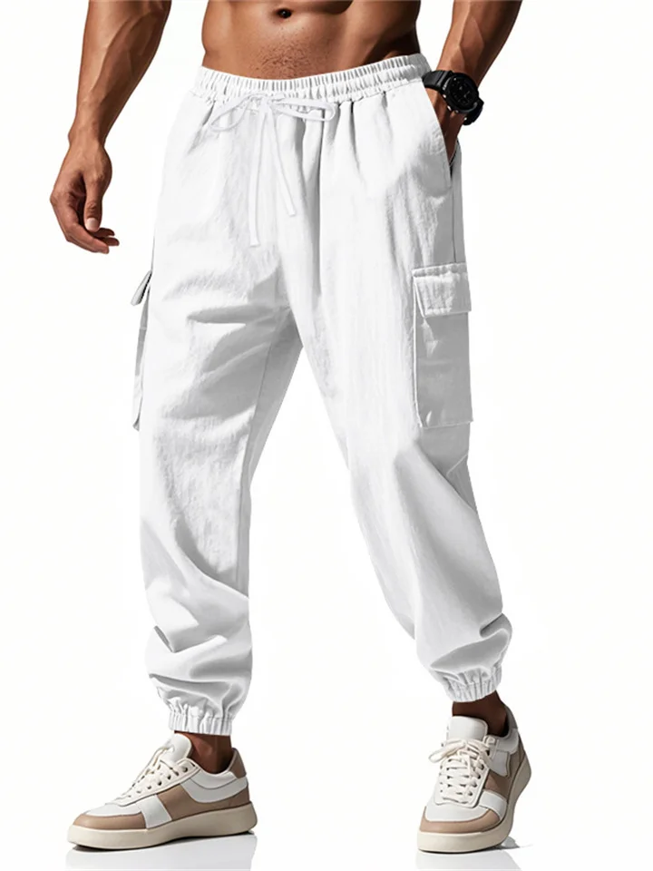 Men's New Cotton and Linen Casual Tie Rope Solid Color Loose Large Size Work Pants