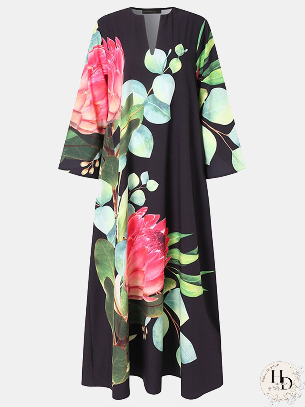 Calico Pocket V-neck Long Sleeve Print Dress For Women