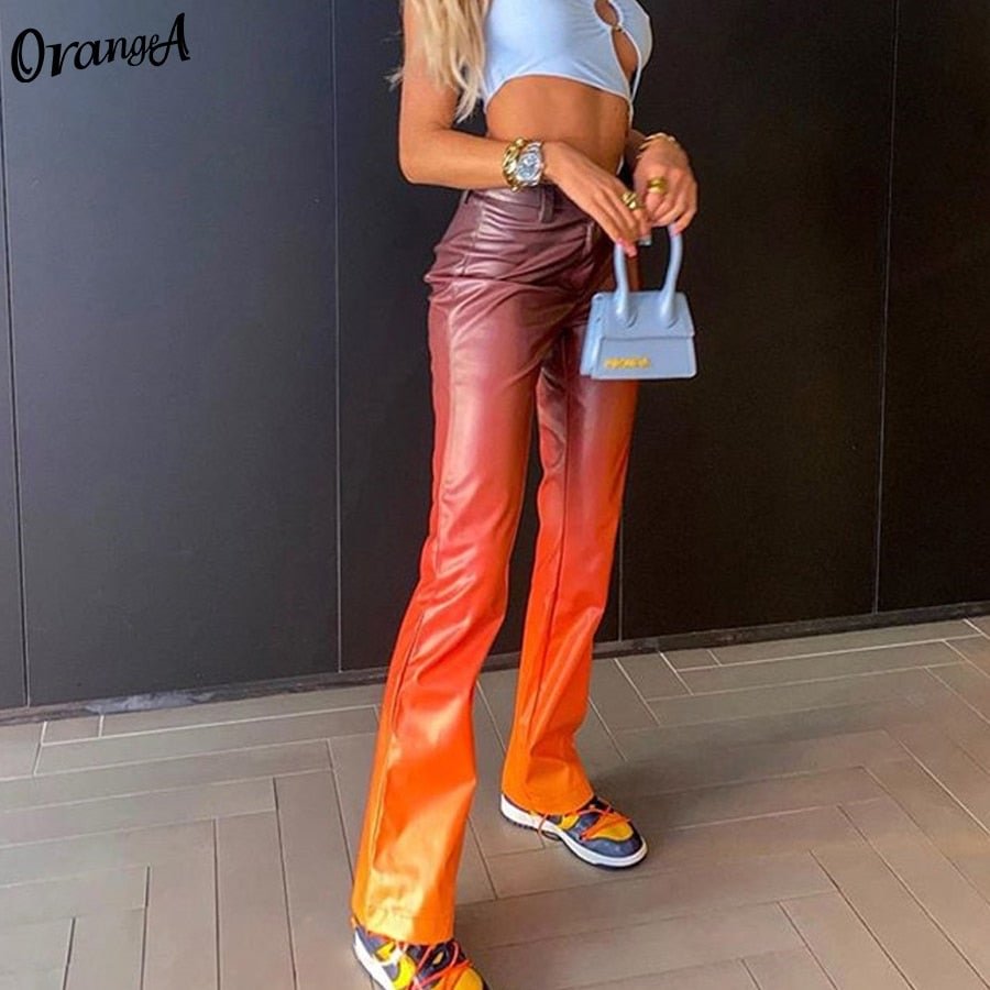 OrangeA Women Gradient Colorful Y2K Faux Leather Pants Straight Vintage Office Lady Slim 2021 Spring Fashion Streetwear Trousers