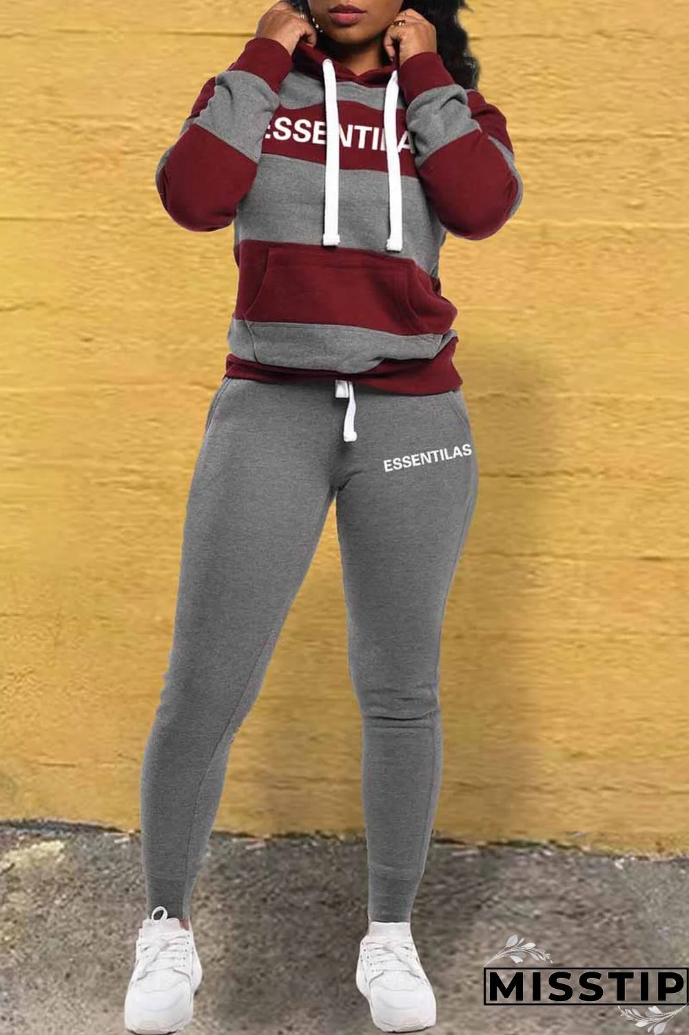 Burgundy Casual Striped Letter Hooded Collar Long Sleeve Two Pieces