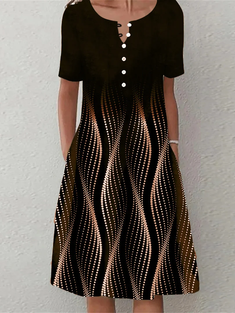 Women's Short Sleeve V Neck Printed Pockets Midi Dress