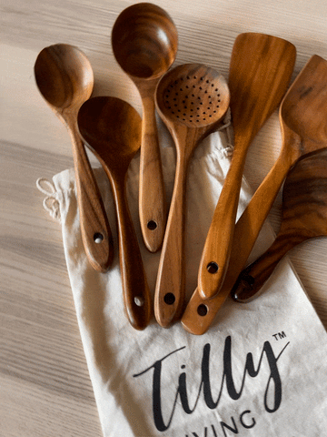 Teak Wooden Utensil Set | 7 piece cooking utensil set | Tilly Living