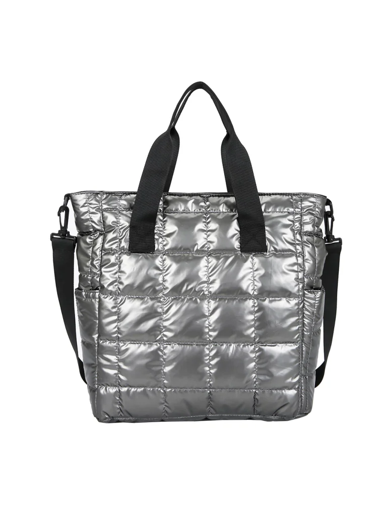 Women Cotton Padded Quilted Tote Bag Zipper Large Shoulder Bag (Silver)