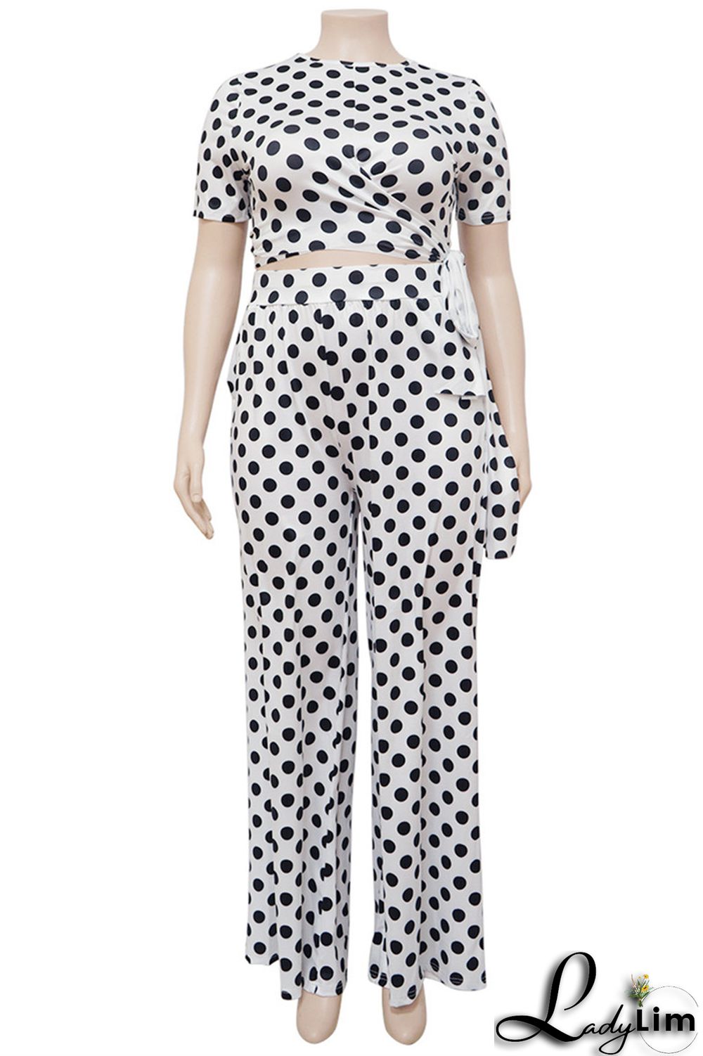 White Fashion Casual Dot Print Bandage O Neck Plus Size Two Pieces
