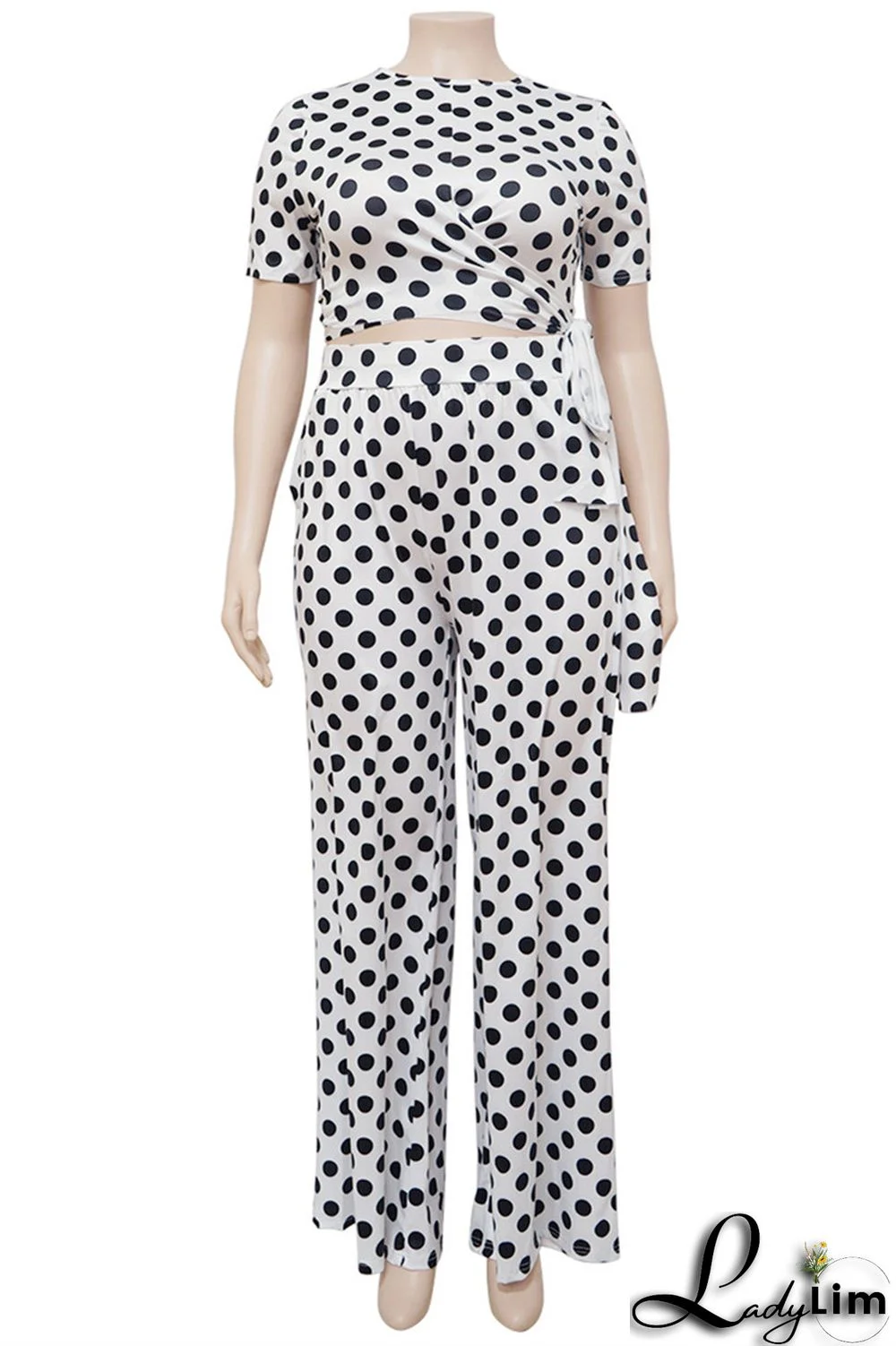 White Fashion Casual Dot Print Bandage O Neck Plus Size Two Pieces