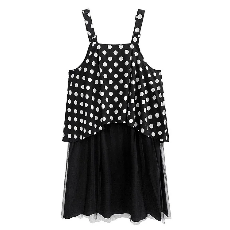 Urban Loose Square Collar Dot Printed Splicing Mesh Skirt Adjustable Strap Dress 