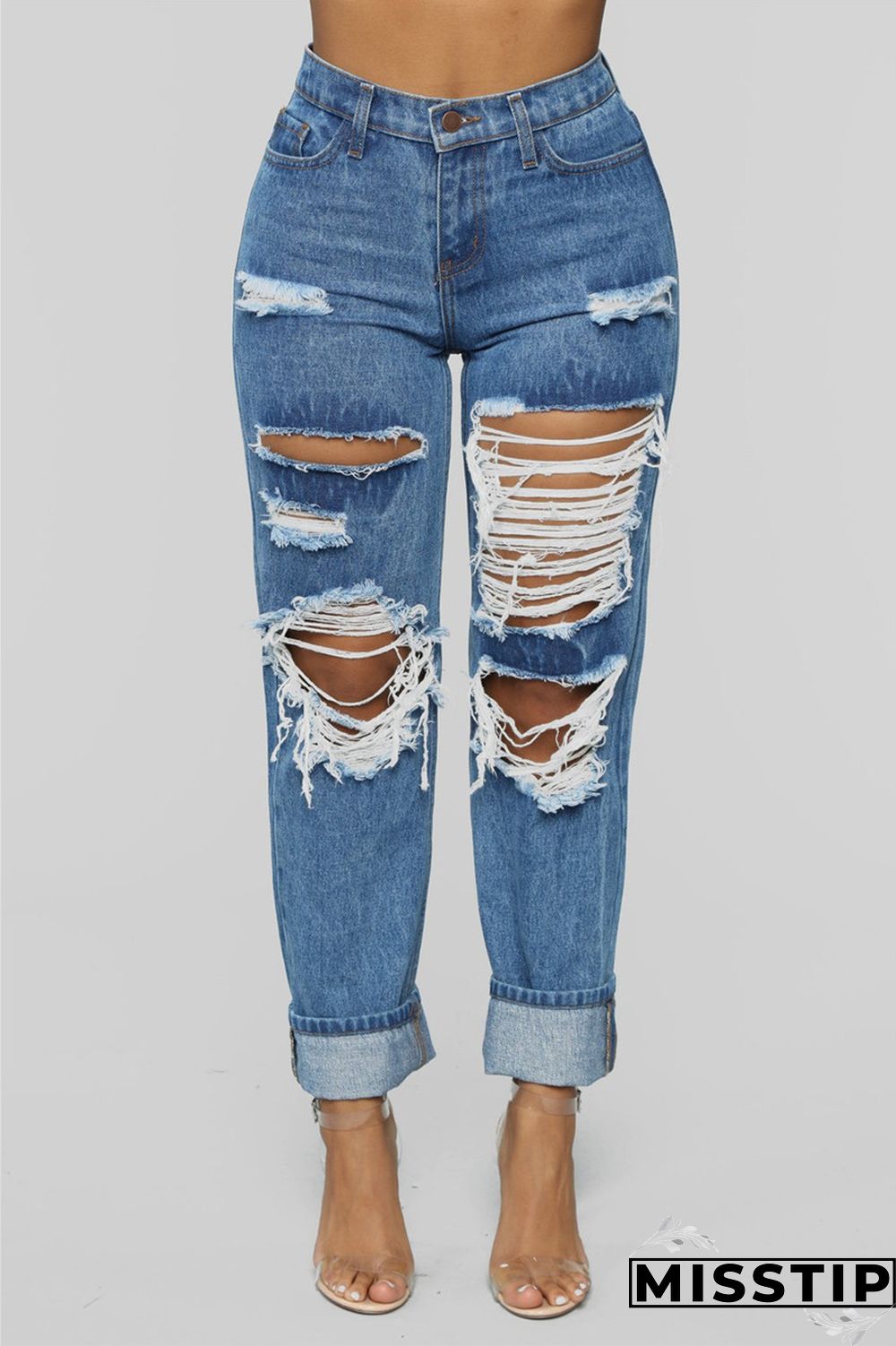 Light Blue Fashion Casual Solid Broken Hole Straight Jeans
