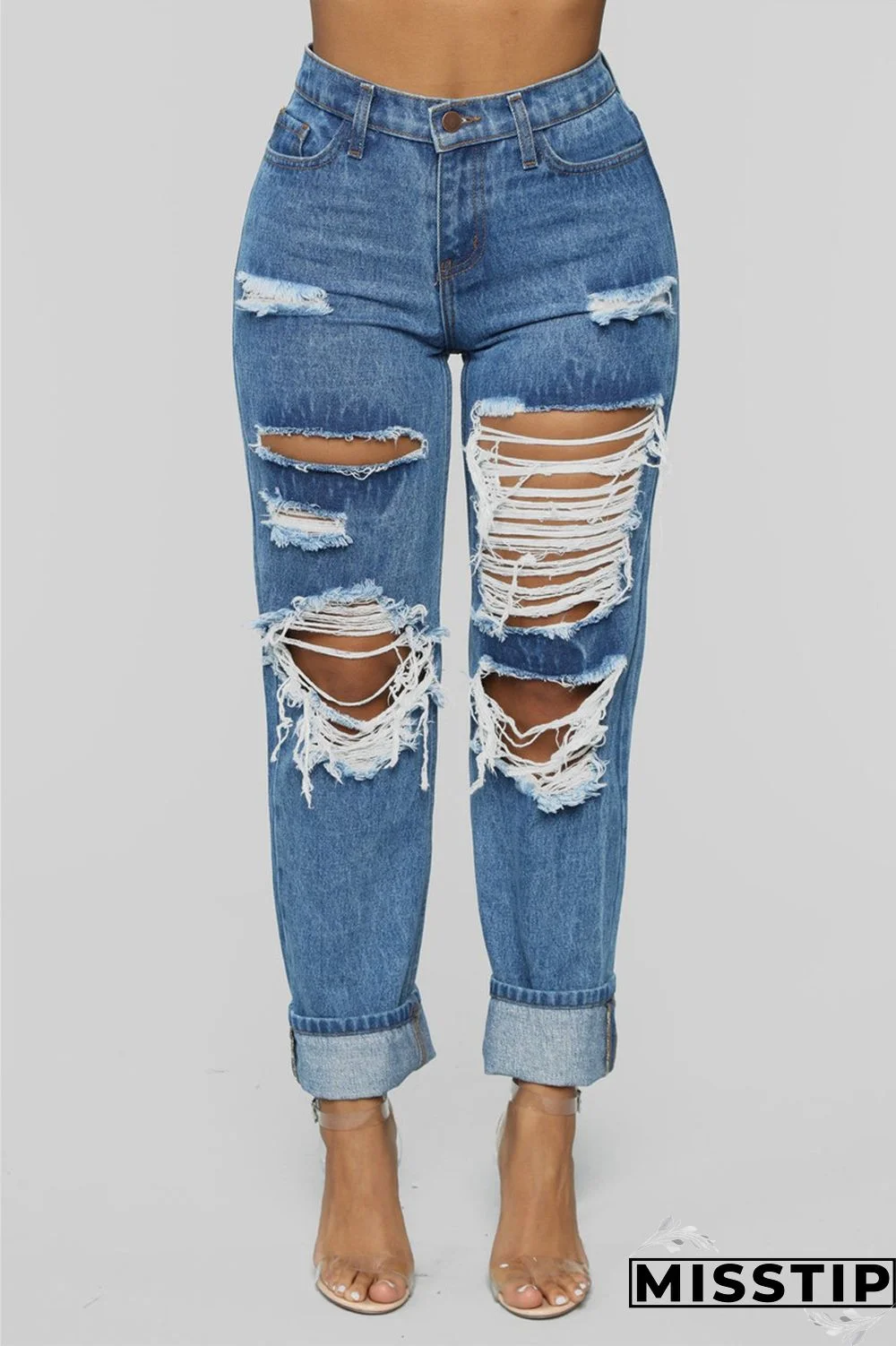 Light Blue Fashion Casual Solid Broken Hole Straight Jeans