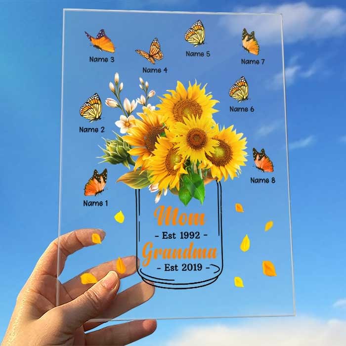 Sunflower Grandma Mom Loves Butterfly Kids - Gift For Mom, Grandma - Personalized Acrylic Plaque