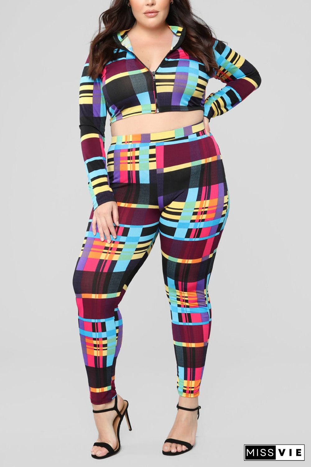 Fashion Sexy Print Basic Zipper Collar Long Sleeve Two Pieces