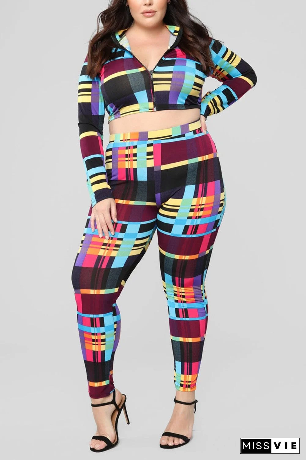 Fashion Sexy Print Basic Zipper Collar Long Sleeve Two Pieces