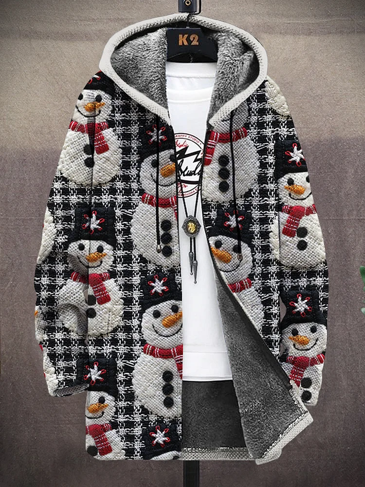 Men's Christmas Snowman Plaid Print Hooded Trench Coat