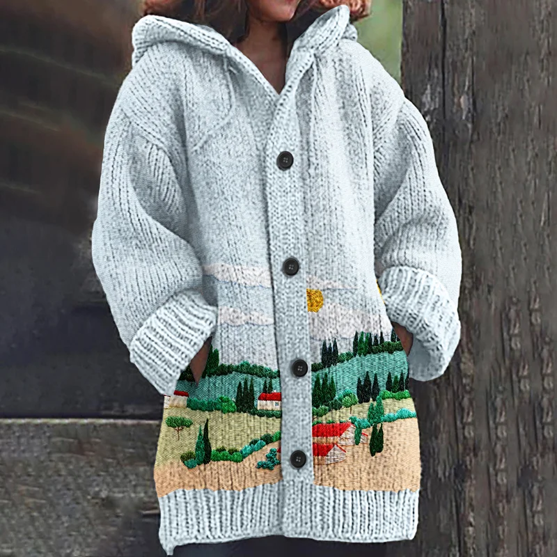 Cardigan lavorato a maglia con ricamo di paesaggio italiano