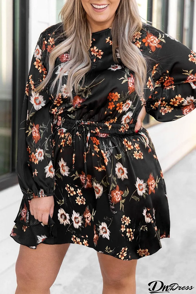 Plus Size Drawstring Long Sleeve Floral Dress