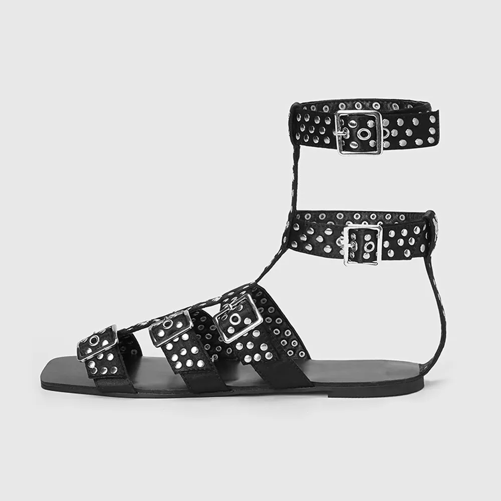 Black Square Toe Flat Strappy Studded Summer Sandals with Buckle